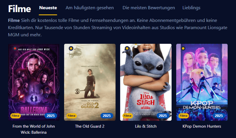 Bildschirmfoto der Oberfläche von Einschalten einer modernen Streaming Plattform mit Filmen und Serien